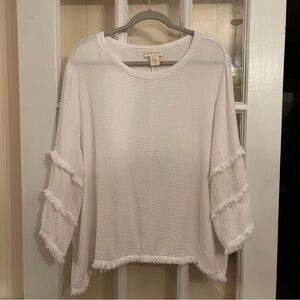 Cynthia Rowley White Textured Blouse with Fringe Accents - 3/4 sleeves.